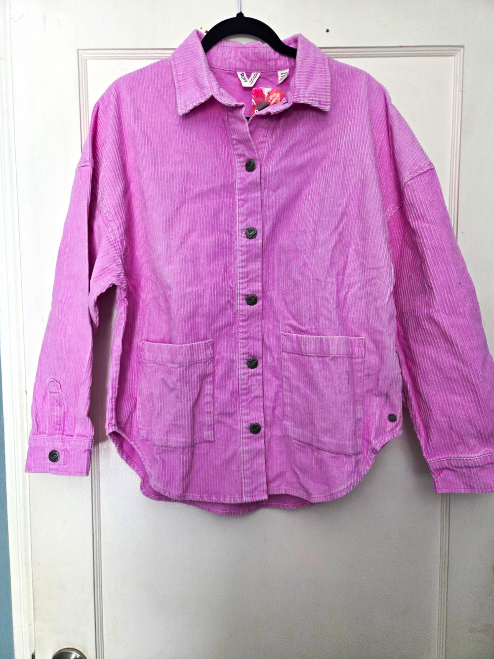 ROXY Women’s XS Pink Corduroy 100% Cotton Collared Button-Up Shirt Pockets